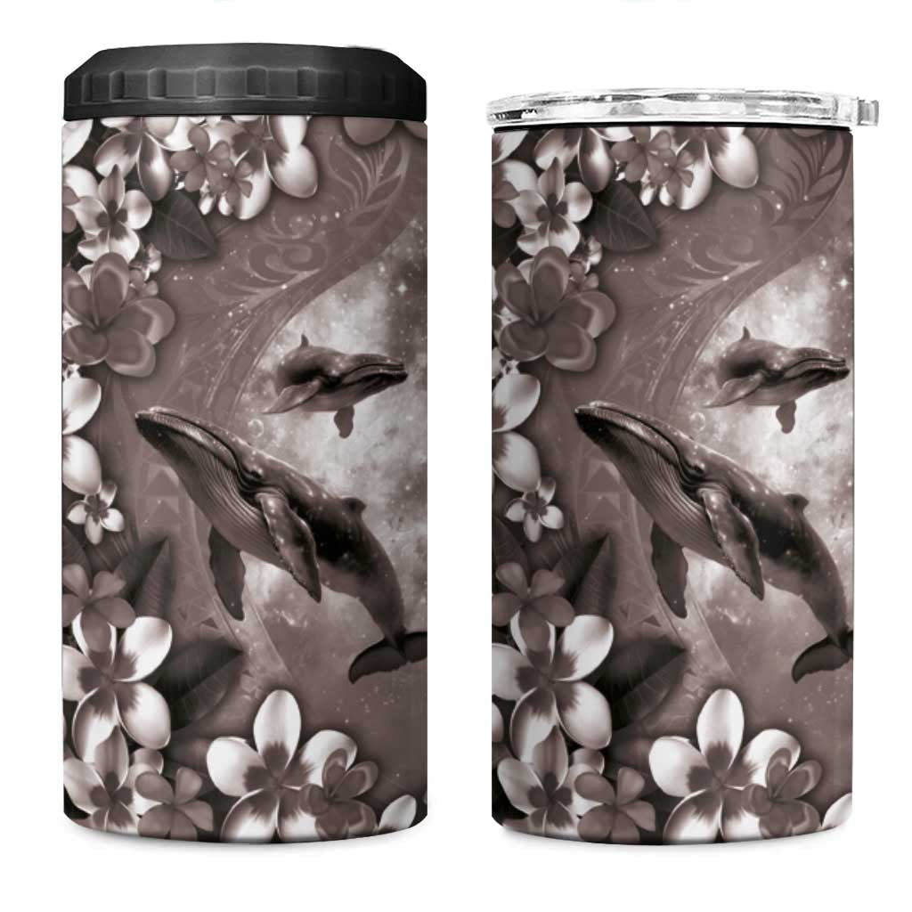 Hawaiian Lei Day Plumeria Humpback Whales 4 in 1 Can Cooler Tumbler Polynesian Art Vibrant Starry Nebula Grayscale Style
