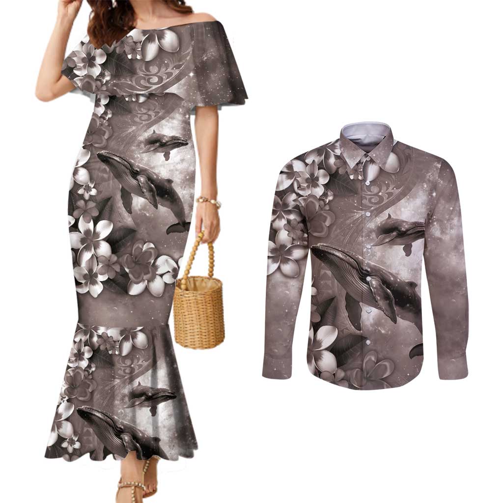 Hawaiian Lei Day Plumeria Humpback Whales Couples Matching Mermaid Dress and Long Sleeve Button Shirt Polynesian Art Vibrant Starry Nebula Grayscale Style LT03 Art - Polynesian Pride