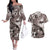 Hawaiian Lei Day Plumeria Humpback Whales Couples Matching Off The Shoulder Long Sleeve Dress and Hawaiian Shirt Polynesian Art Vibrant Starry Nebula Grayscale Style