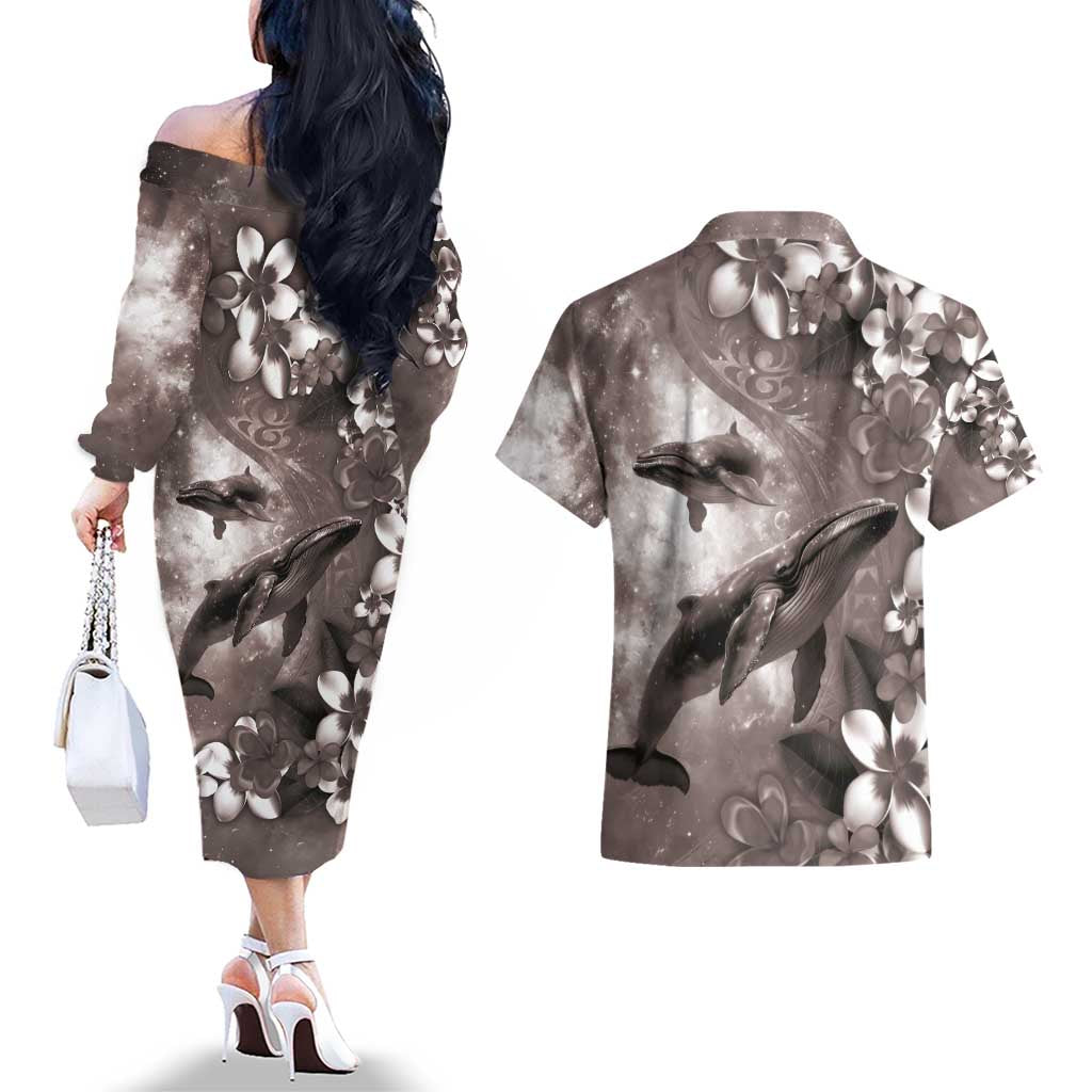 Hawaiian Lei Day Plumeria Humpback Whales Couples Matching Off The Shoulder Long Sleeve Dress and Hawaiian Shirt Polynesian Art Vibrant Starry Nebula Grayscale Style