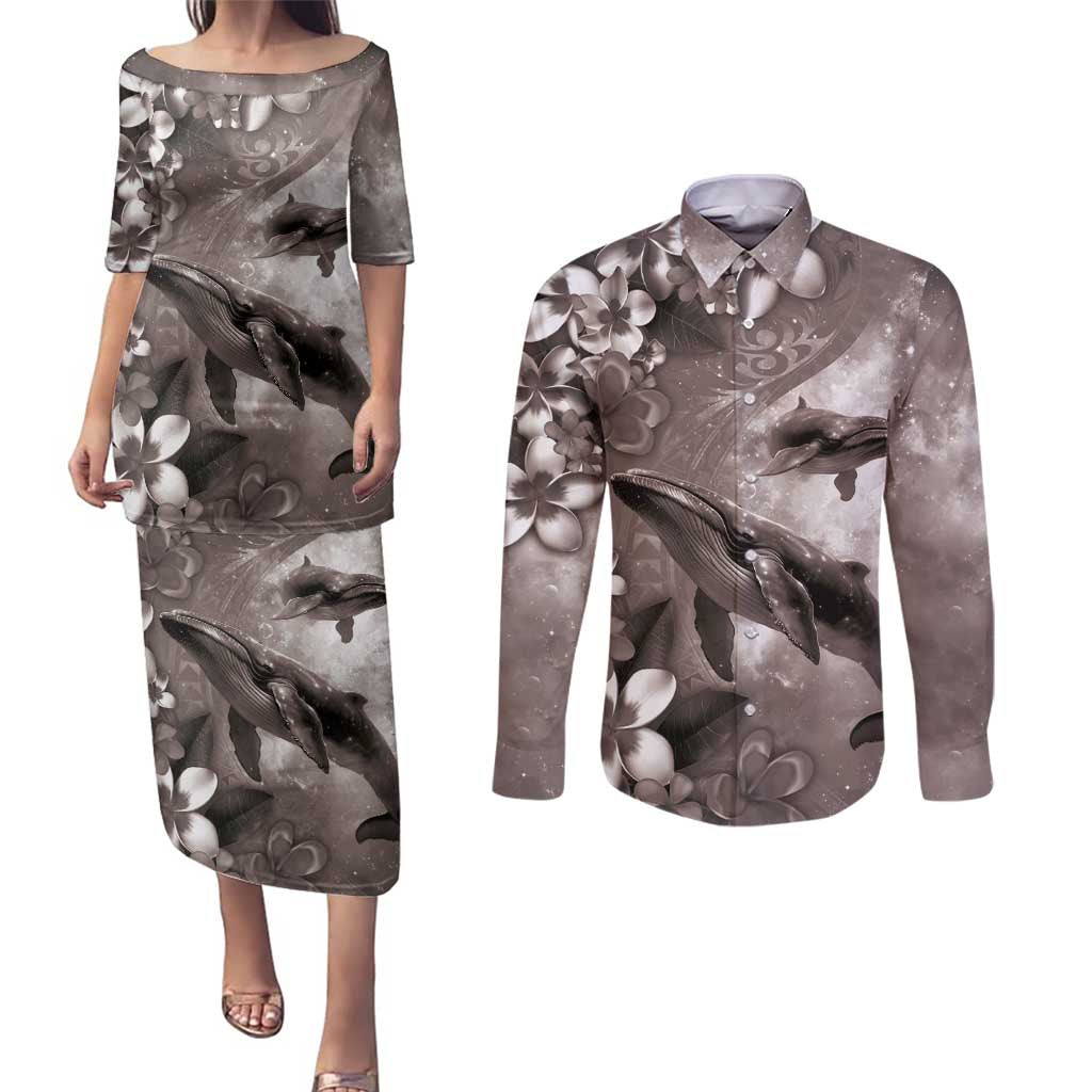 Hawaiian Lei Day Plumeria Humpback Whales Couples Matching Puletasi and Long Sleeve Button Shirt Polynesian Art Vibrant Starry Nebula Grayscale Style LT03 Art - Polynesian Pride