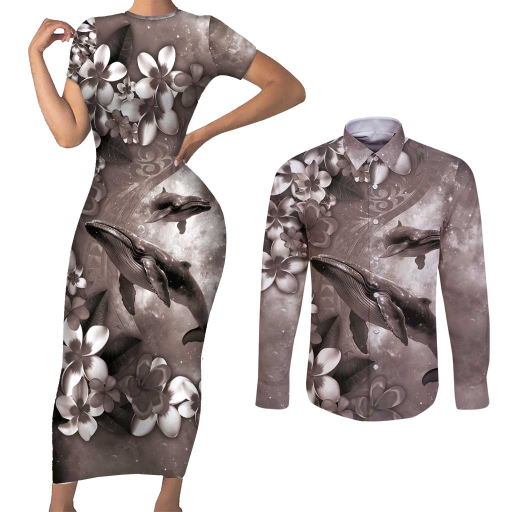 Hawaiian Lei Day Plumeria Humpback Whales Couples Matching Short Sleeve Bodycon Dress and Long Sleeve Button Shirt Polynesian Art Vibrant Starry Nebula Grayscale Style LT03 Art - Polynesian Pride