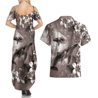 Hawaiian Lei Day Plumeria Humpback Whales Couples Matching Summer Maxi Dress and Hawaiian Shirt Polynesian Art Vibrant Starry Nebula Grayscale Style
