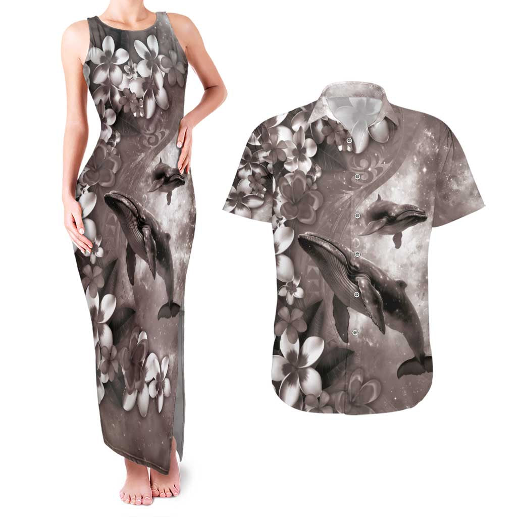 Hawaiian Lei Day Plumeria Humpback Whales Couples Matching Tank Maxi Dress and Hawaiian Shirt Polynesian Art Vibrant Starry Nebula Grayscale Style LT03 Art - Polynesian Pride
