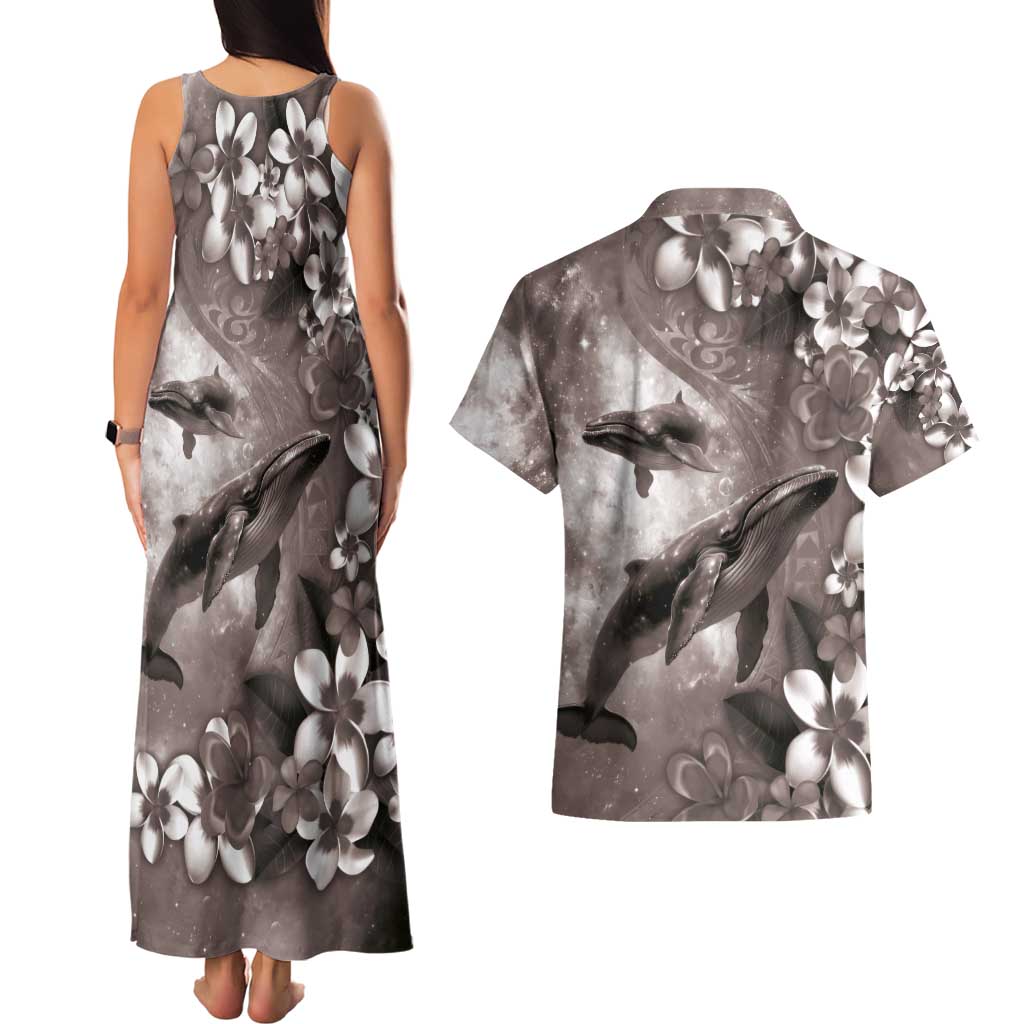 Hawaiian Lei Day Plumeria Humpback Whales Couples Matching Tank Maxi Dress and Hawaiian Shirt Polynesian Art Vibrant Starry Nebula Grayscale Style