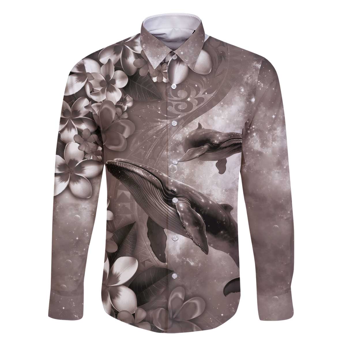 Hawaiian Lei Day Plumeria Humpback Whales Family Matching Off The Shoulder Long Sleeve Dress and Hawaiian Shirt Polynesian Art Vibrant Starry Nebula Grayscale Style