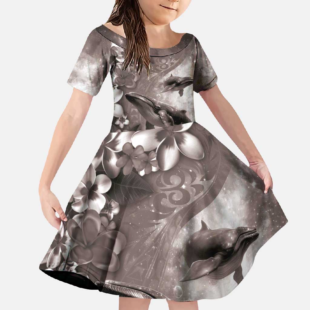 Hawaiian Lei Day Plumeria Humpback Whales Family Matching Off Shoulder Maxi Dress and Hawaiian Shirt Polynesian Art Vibrant Starry Nebula Grayscale Style