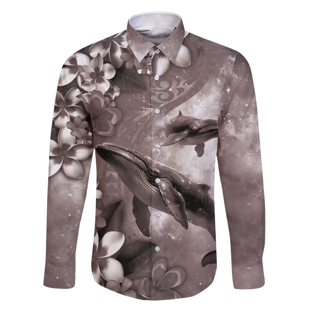 Hawaiian Lei Day Plumeria Humpback Whales Family Matching Short Sleeve Bodycon Dress and Hawaiian Shirt Polynesian Art Vibrant Starry Nebula Grayscale Style