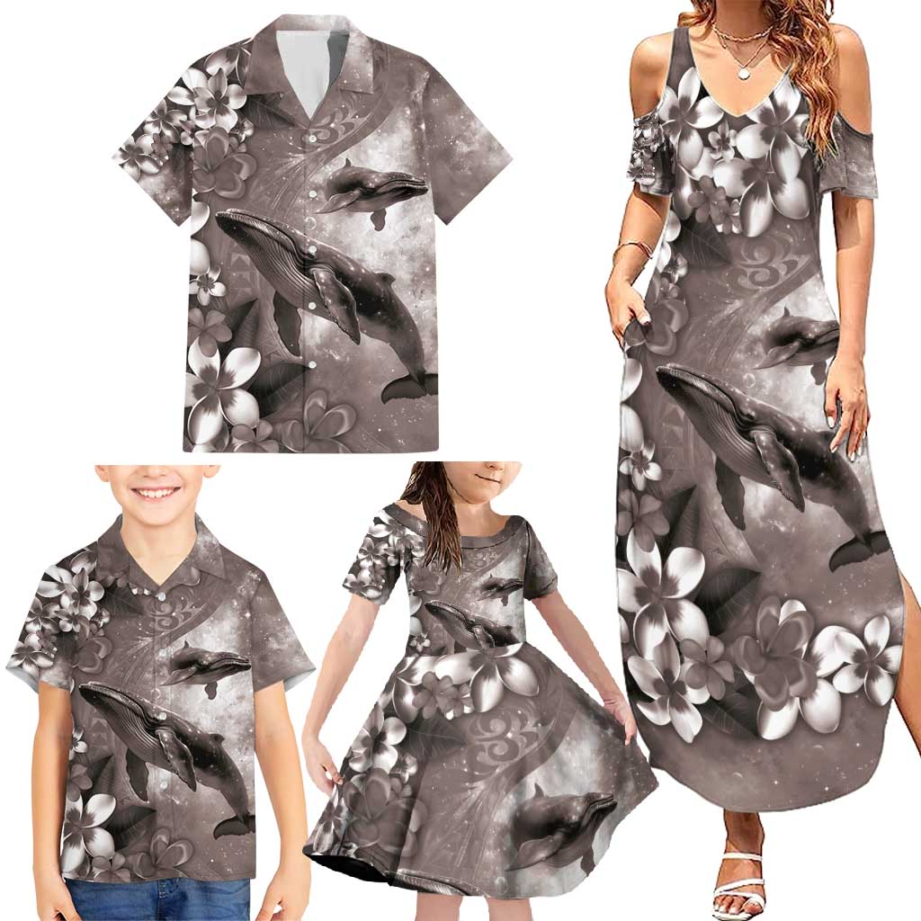 Hawaiian Lei Day Plumeria Humpback Whales Family Matching Summer Maxi Dress and Hawaiian Shirt Polynesian Art Vibrant Starry Nebula Grayscale Style