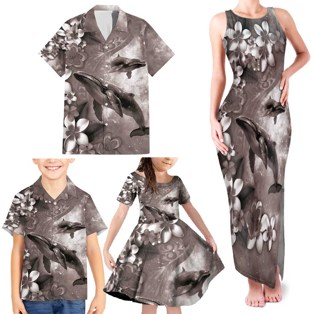 Hawaiian Lei Day Plumeria Humpback Whales Family Matching Tank Maxi Dress and Hawaiian Shirt Polynesian Art Vibrant Starry Nebula Grayscale Style