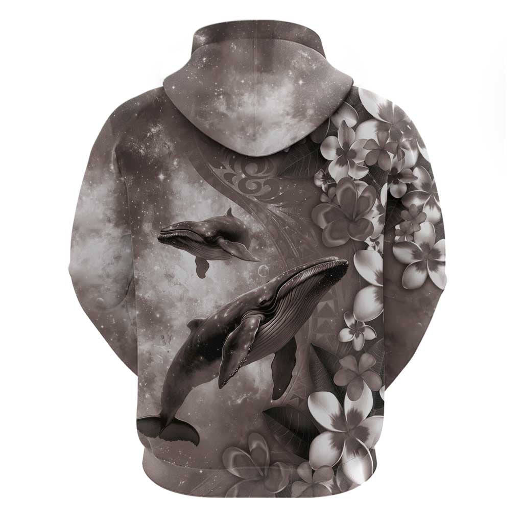 Hawaiian Lei Day Plumeria Humpback Whales Hoodie Polynesian Art Vibrant Starry Nebula Grayscale Style