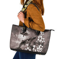 Hawaiian Lei Day Plumeria Humpback Whales Leather Tote Bag Polynesian Art Vibrant Starry Nebula Grayscale Style