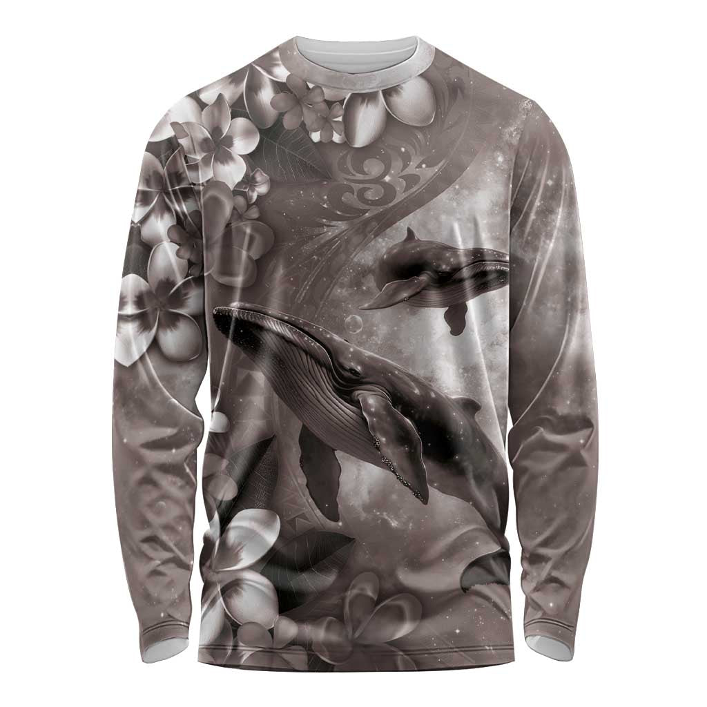 Hawaiian Lei Day Plumeria Humpback Whales Long Sleeve Shirt Polynesian Art Vibrant Starry Nebula Grayscale Style LT03 Unisex Art - Polynesian Pride