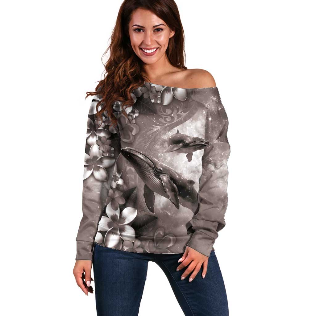 Hawaiian Lei Day Plumeria Humpback Whales Off Shoulder Sweater Polynesian Art Vibrant Starry Nebula Grayscale Style