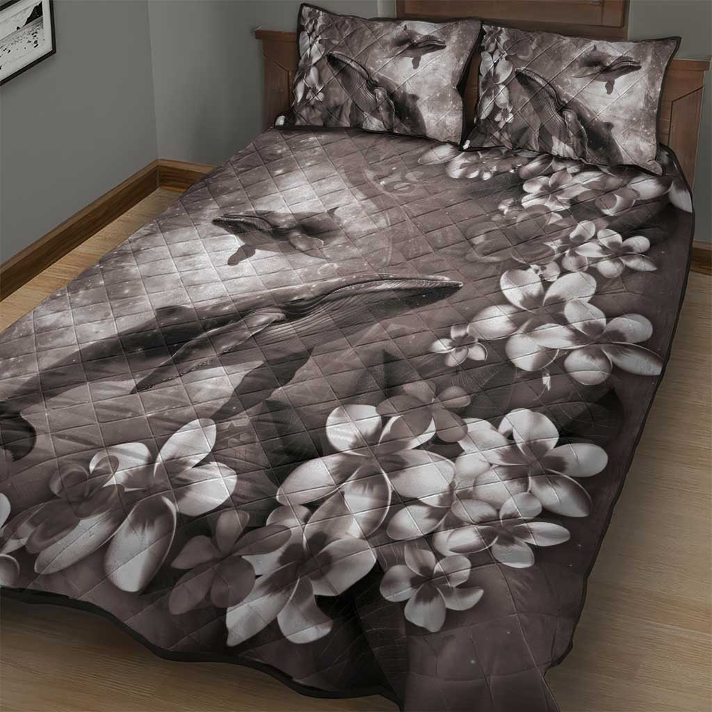 Hawaiian Lei Day Plumeria Humpback Whales Quilt Bed Set Polynesian Art Vibrant Starry Nebula Grayscale Style