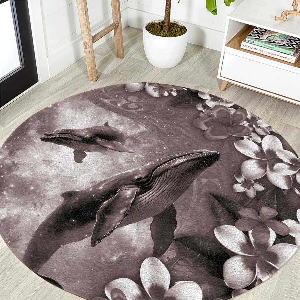 Hawaiian Lei Day Plumeria Humpback Whales Round Carpet Polynesian Art Vibrant Starry Nebula Grayscale Style