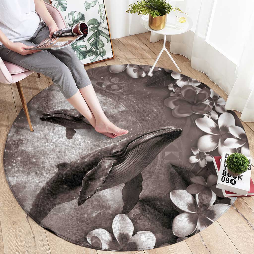 Hawaiian Lei Day Plumeria Humpback Whales Round Carpet Polynesian Art Vibrant Starry Nebula Grayscale Style