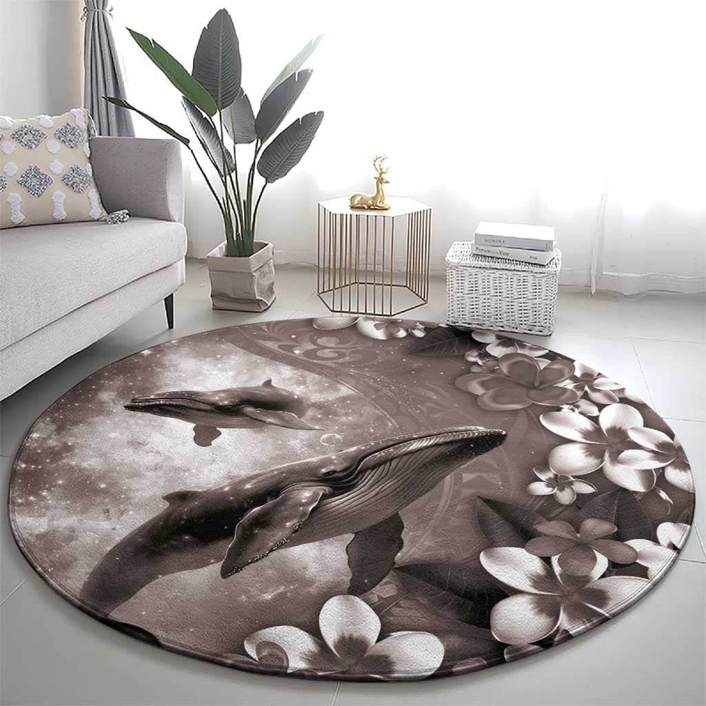 Hawaiian Lei Day Plumeria Humpback Whales Round Carpet Polynesian Art Vibrant Starry Nebula Grayscale Style