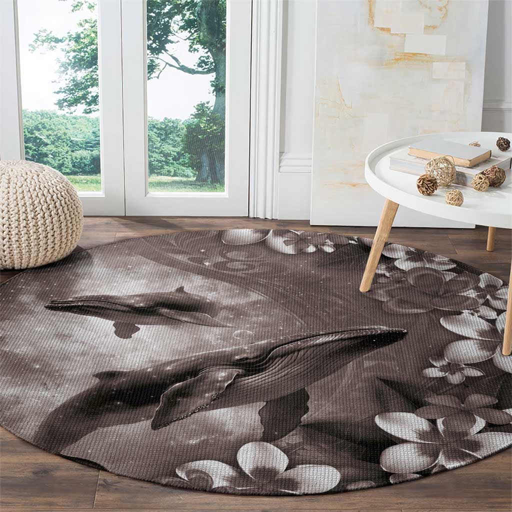 Hawaiian Lei Day Plumeria Humpback Whales Round Carpet Polynesian Art Vibrant Starry Nebula Grayscale Style