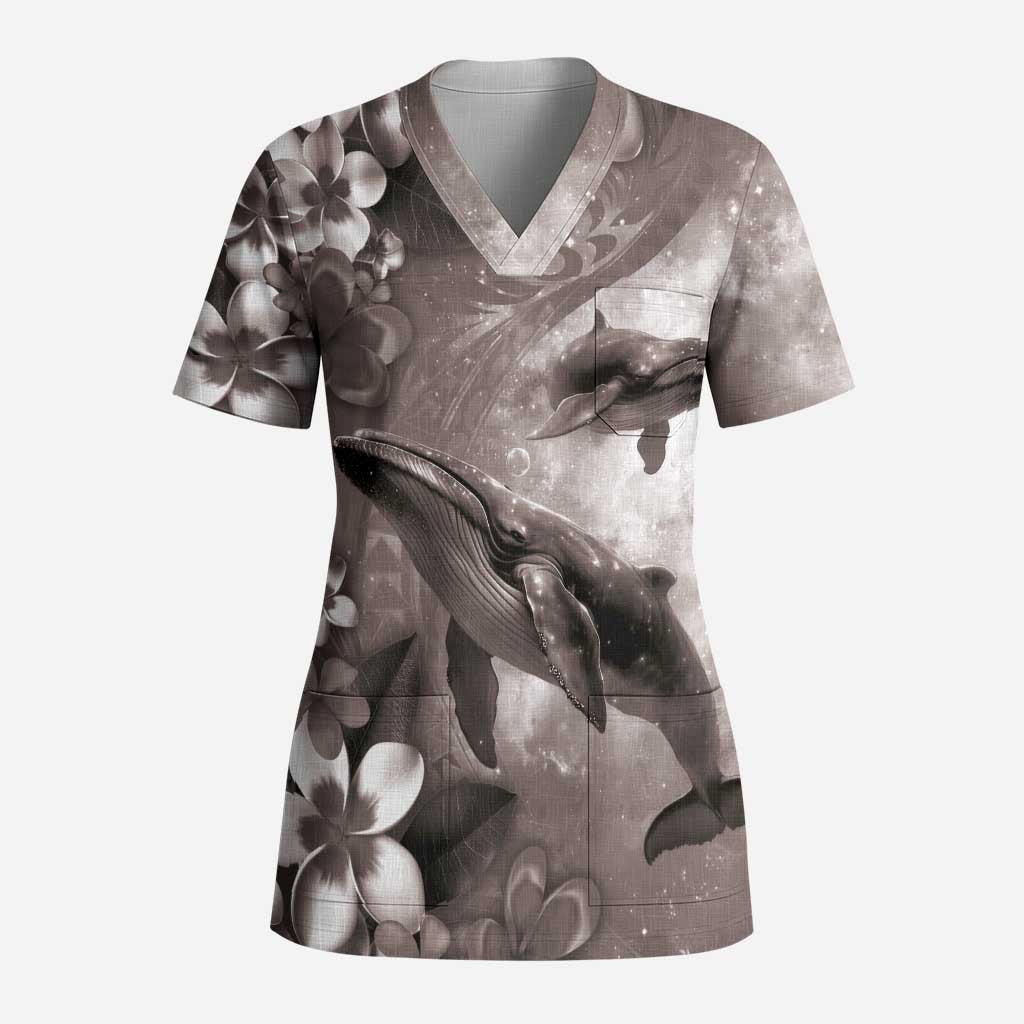 Hawaiian Lei Day Plumeria Humpback Whales Scrub Top Polynesian Art Vibrant Starry Nebula Grayscale Style - Polynesian Pride