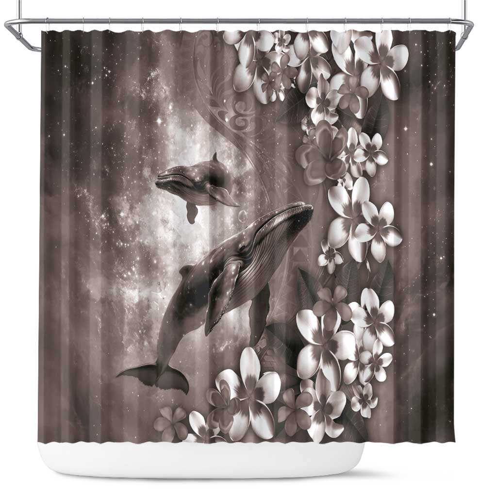 Hawaiian Lei Day Plumeria Humpback Whales Shower Curtain Polynesian Art Vibrant Starry Nebula Grayscale Style