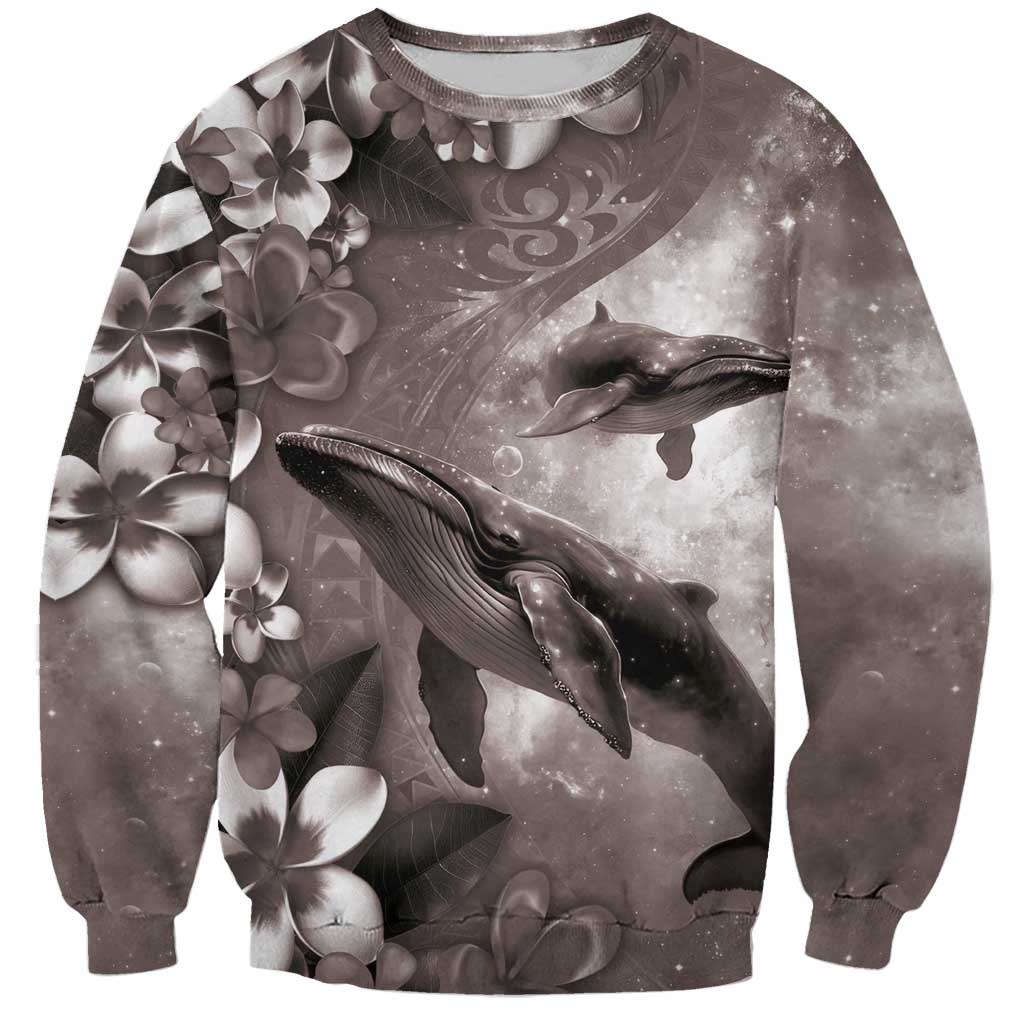 Hawaiian Lei Day Plumeria Humpback Whales Sweatshirt Polynesian Art Vibrant Starry Nebula Grayscale Style LT03 Unisex Art - Polynesian Pride