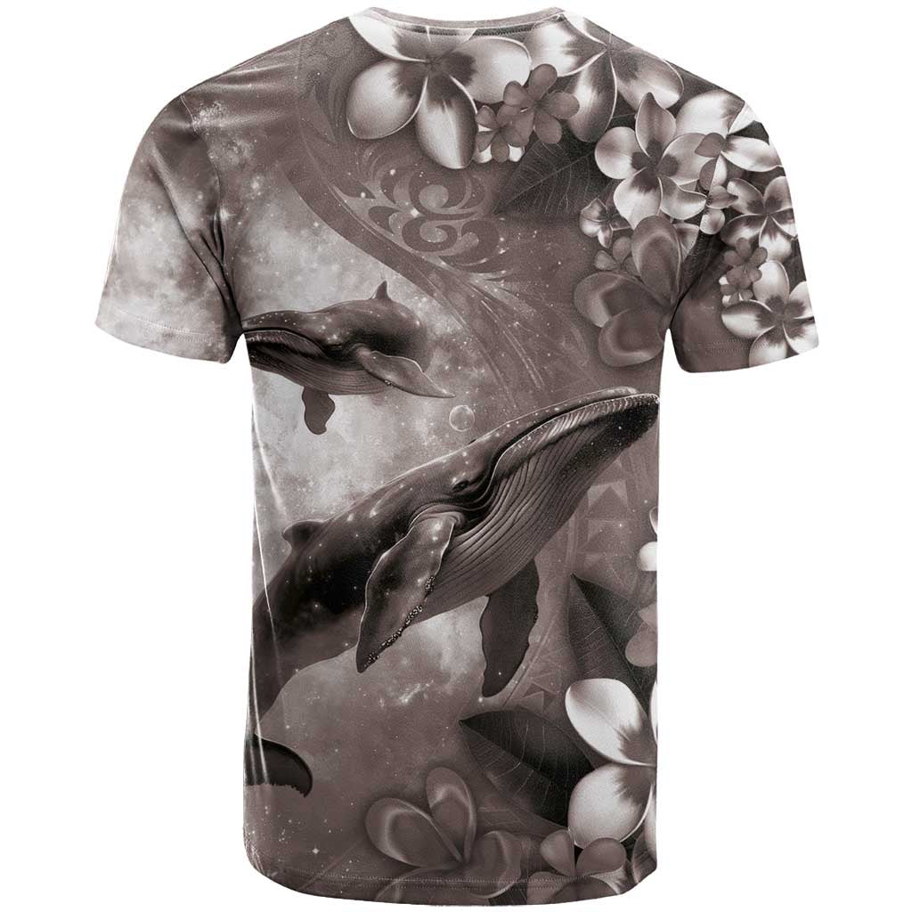 Hawaiian Lei Day Plumeria Humpback Whales T Shirt Polynesian Art Vibrant Starry Nebula Grayscale Style