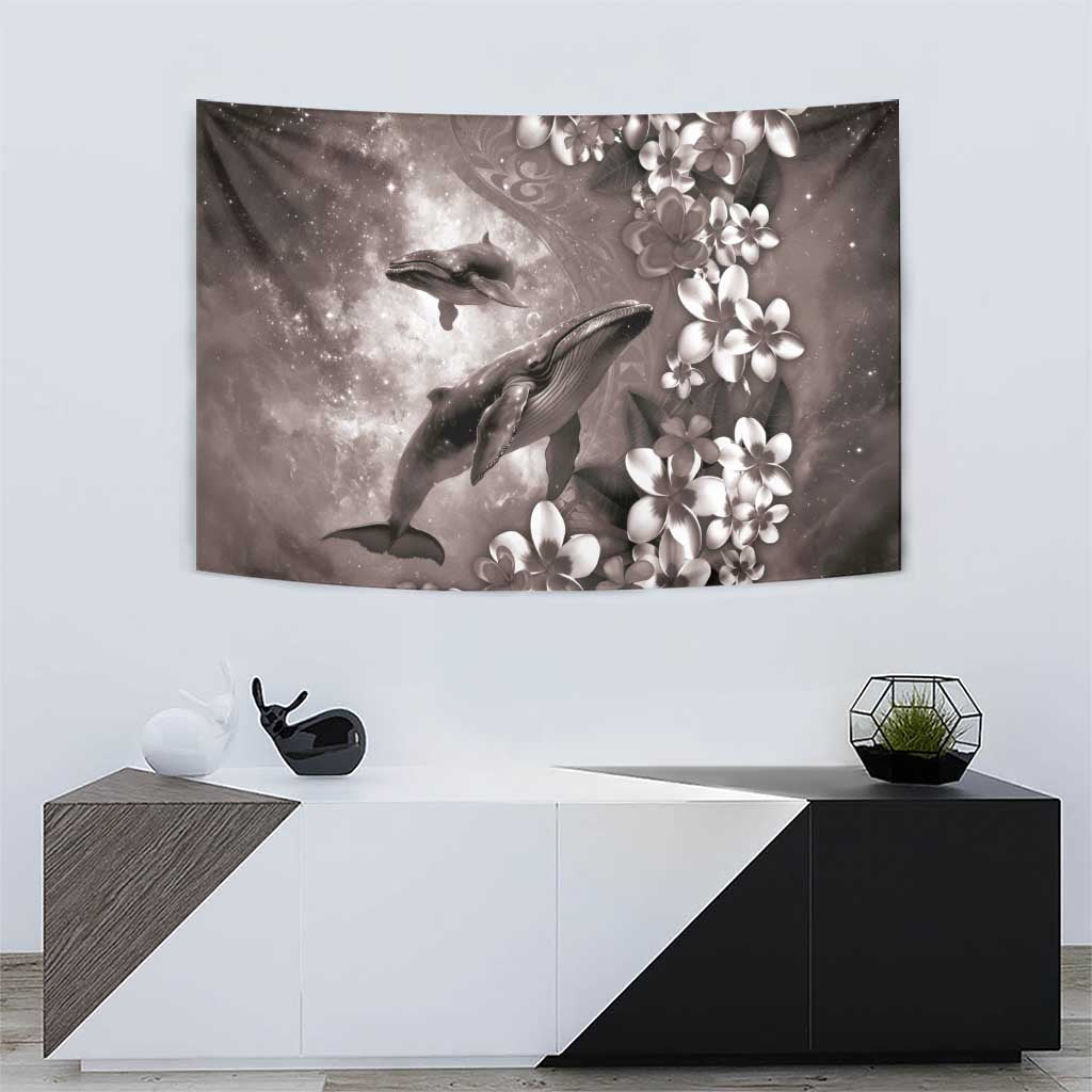 Hawaiian Lei Day Plumeria Humpback Whales Tapestry Polynesian Art Vibrant Starry Nebula Grayscale Style