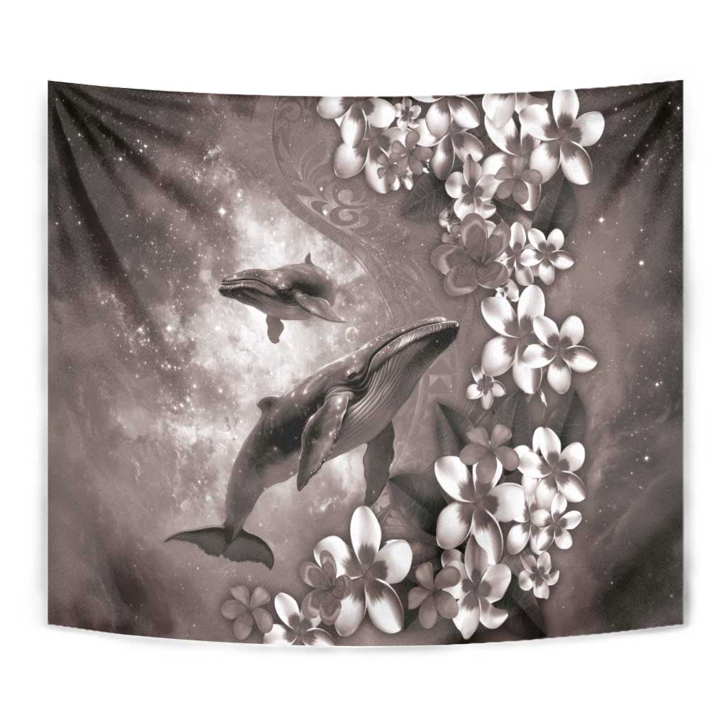 Hawaiian Lei Day Plumeria Humpback Whales Tapestry Polynesian Art Vibrant Starry Nebula Grayscale Style