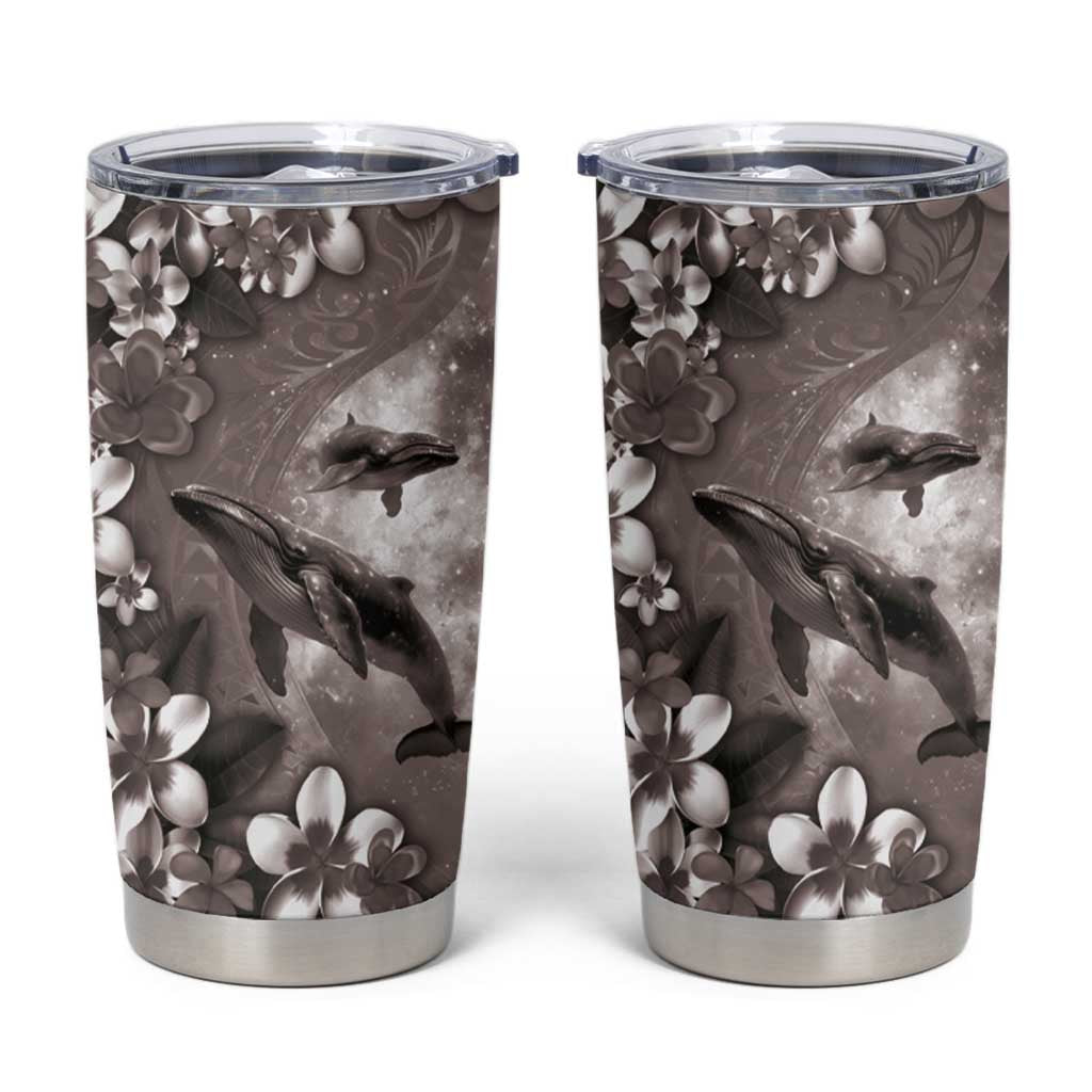 Hawaiian Lei Day Plumeria Humpback Whales Tumbler Cup Polynesian Art Vibrant Starry Nebula Grayscale Style