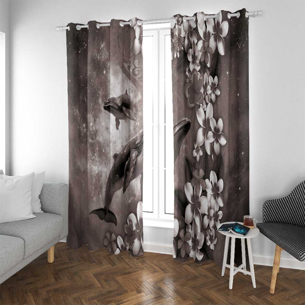 Hawaiian Lei Day Plumeria Humpback Whales Window Curtain Polynesian Art Vibrant Starry Nebula Grayscale Style LT03 With Grommets Art - Polynesian Pride