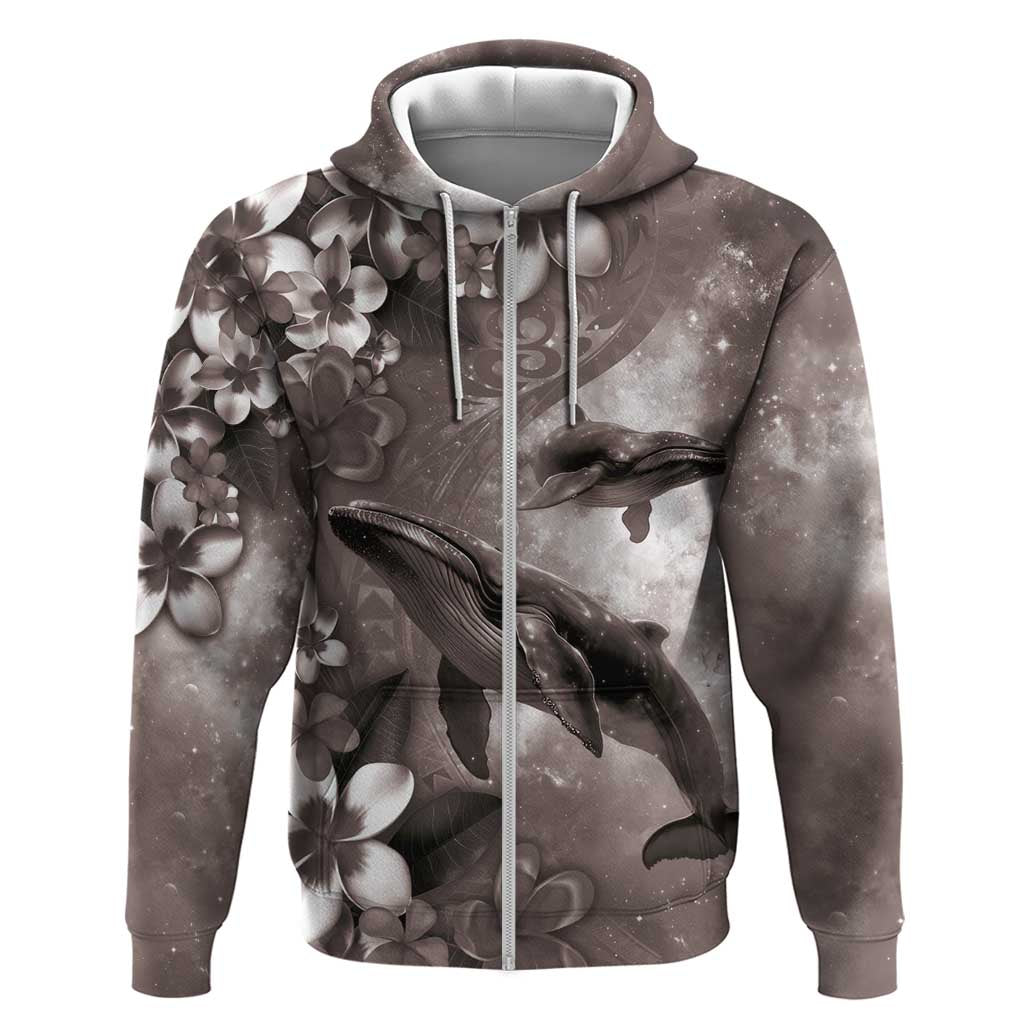 Hawaiian Lei Day Plumeria Humpback Whales Zip Hoodie Polynesian Art Vibrant Starry Nebula Grayscale Style