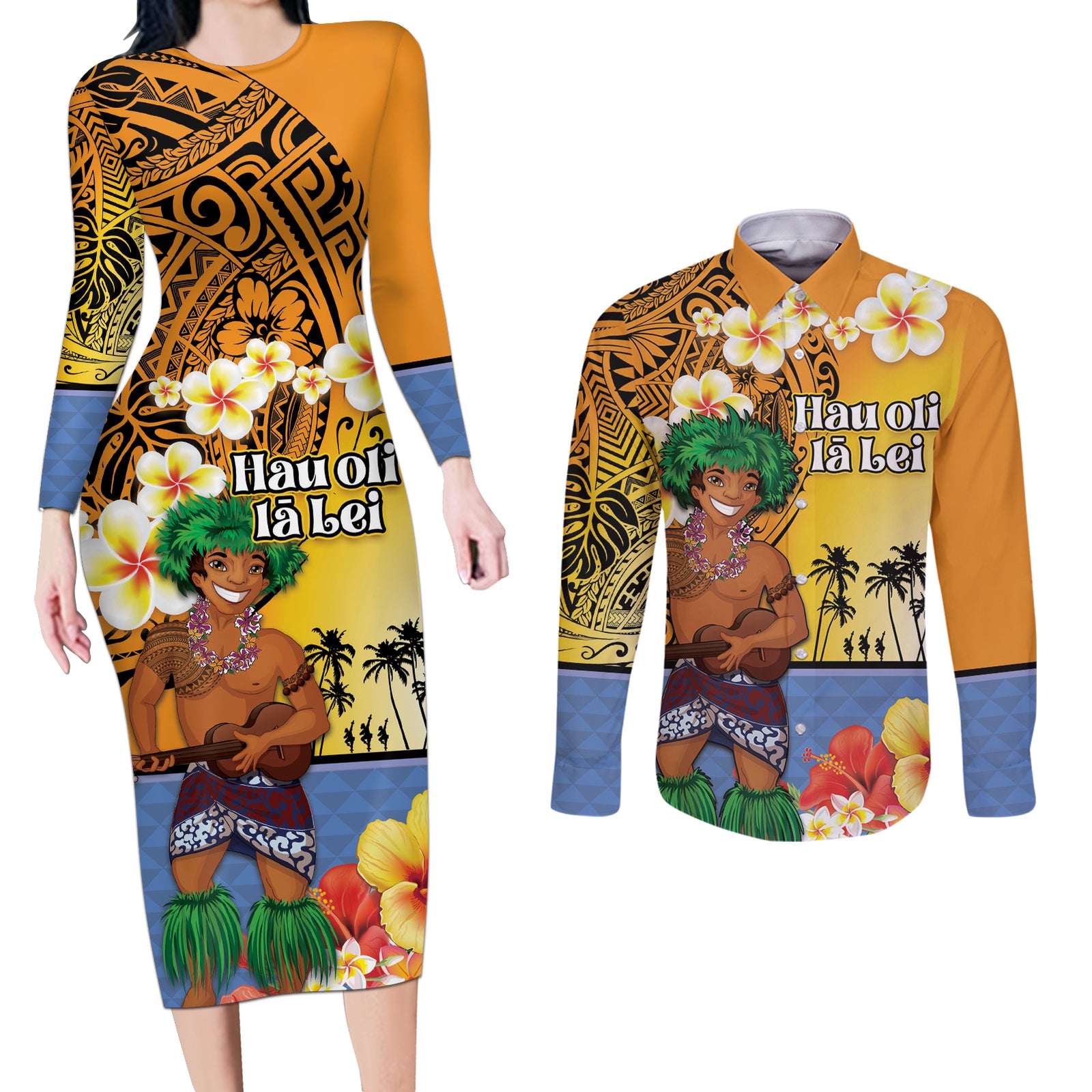 Happy Lei Day Couples Matching Long Sleeve Bodycon Dress and Long Sleeve Button Shirt Hula Male Dancer Polynesian Flower Kakau Pattern LT03 Yellow - Polynesian Pride