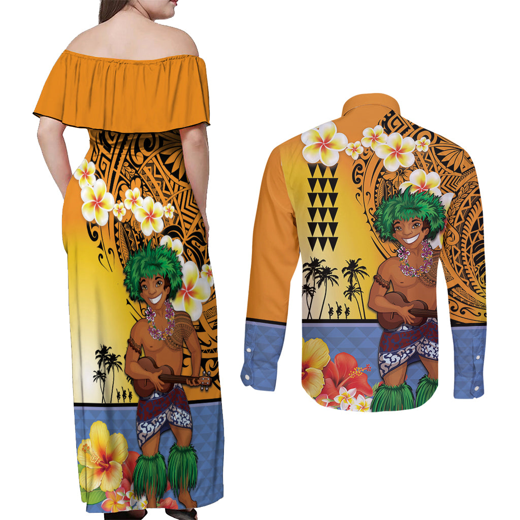 Happy Lei Day Couples Matching Off Shoulder Maxi Dress and Long Sleeve Button Shirt Hula Male Dancer Polynesian Flower Kakau Pattern LT03 - Polynesian Pride
