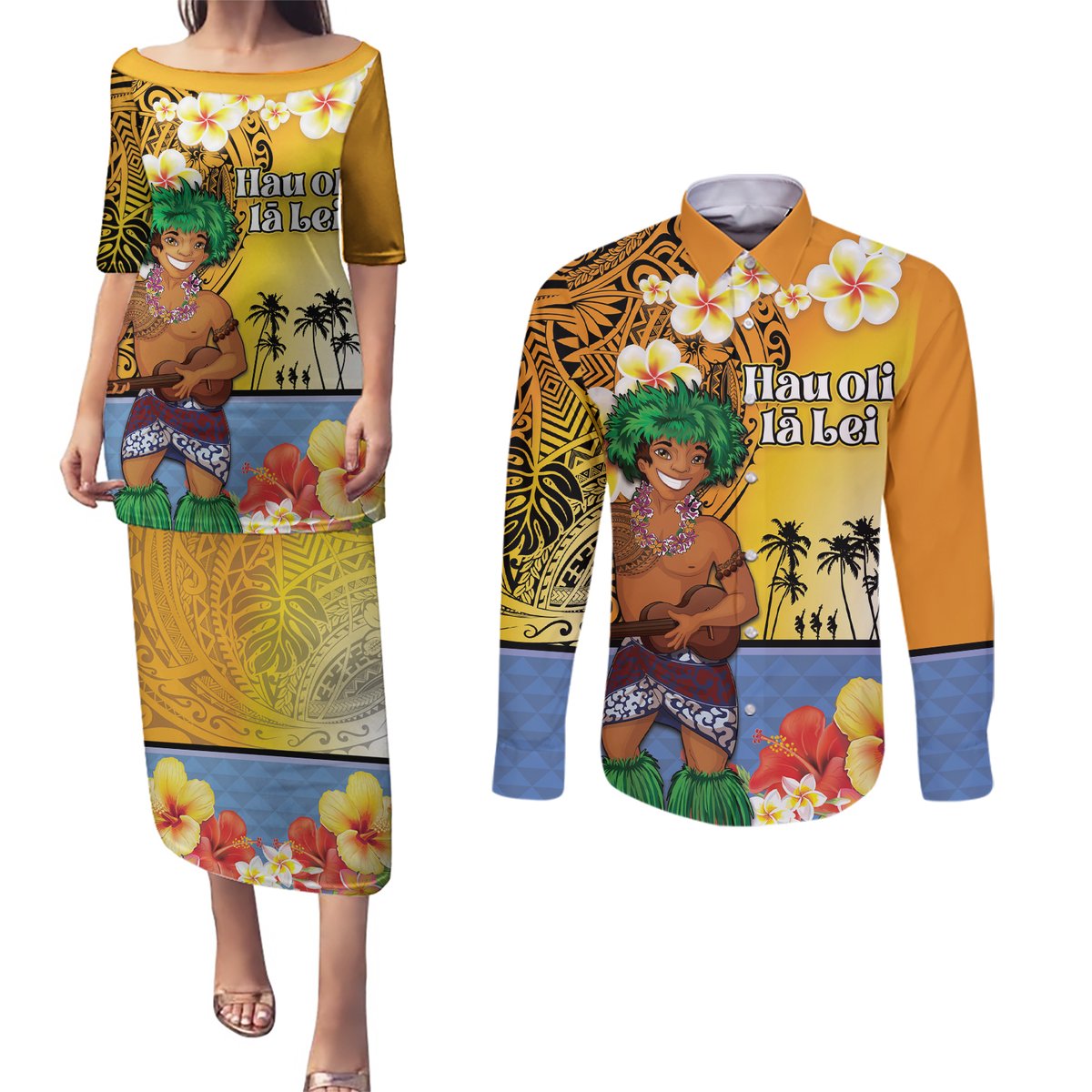 Happy Lei Day Couples Matching Puletasi and Long Sleeve Button Shirt Hula Male Dancer Polynesian Flower Kakau Pattern LT03 Yellow - Polynesian Pride