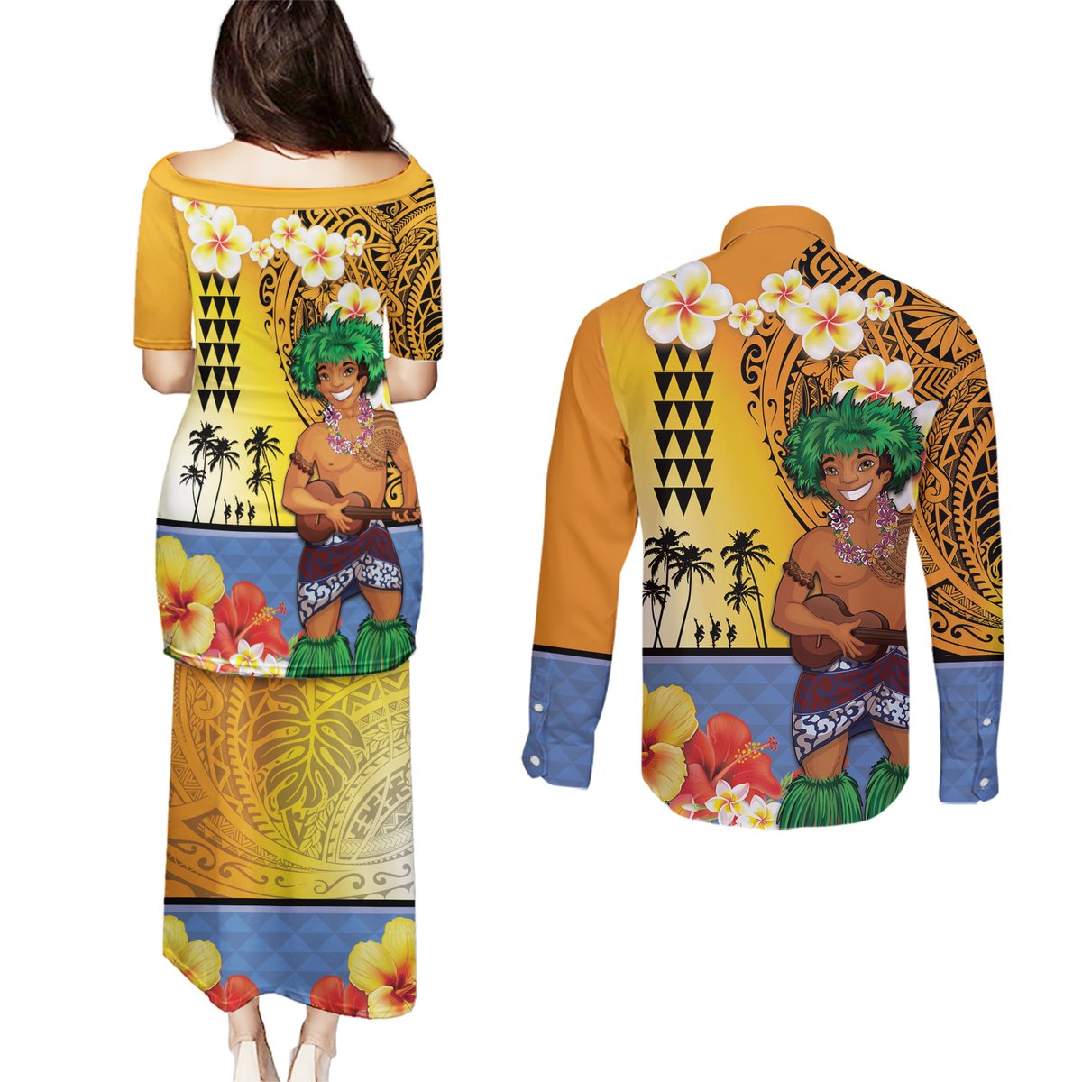 Happy Lei Day Couples Matching Puletasi and Long Sleeve Button Shirt Hula Male Dancer Polynesian Flower Kakau Pattern LT03 - Polynesian Pride