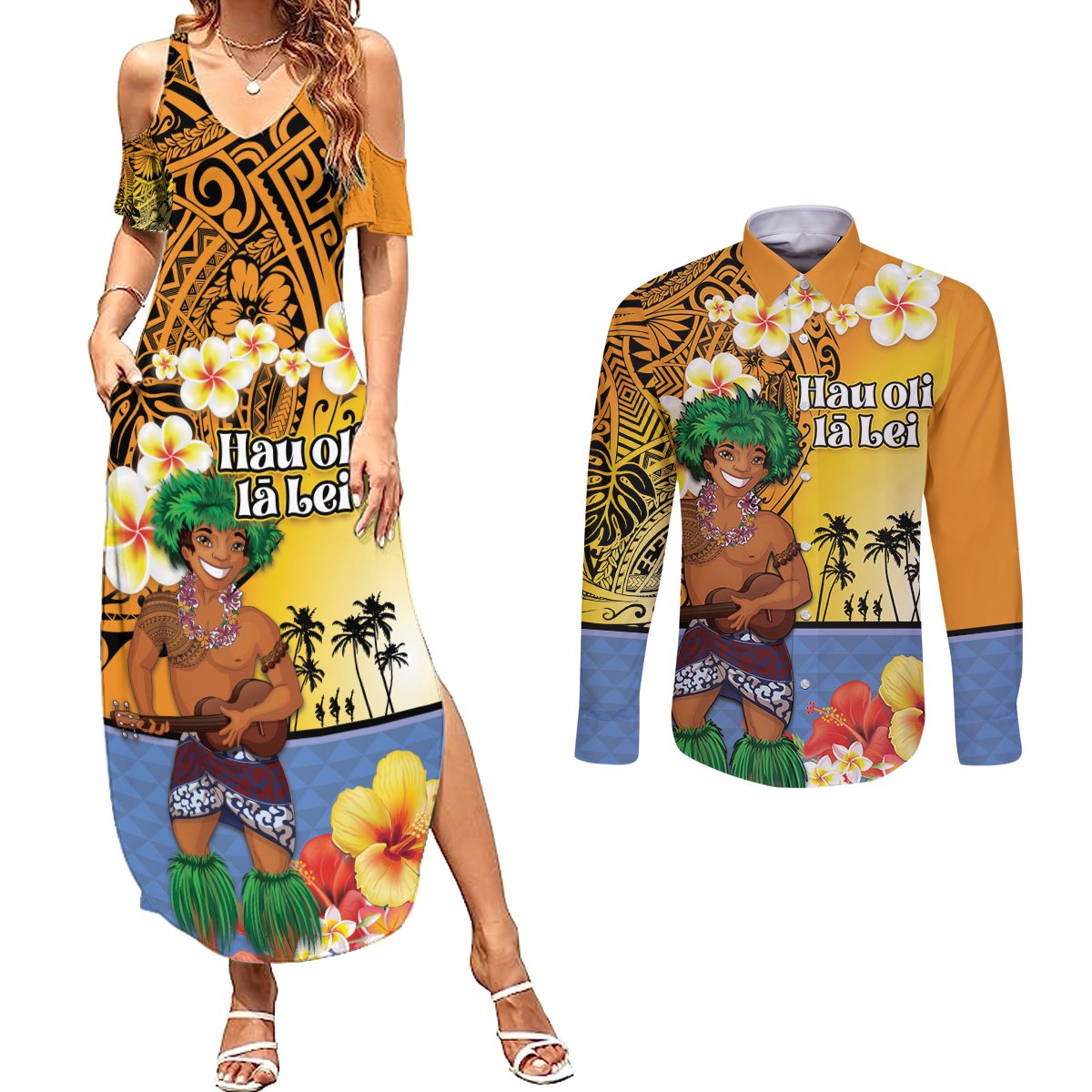 Happy Lei Day Couples Matching Summer Maxi Dress and Long Sleeve Button Shirt Hula Male Dancer Polynesian Flower Kakau Pattern LT03 Yellow - Polynesian Pride