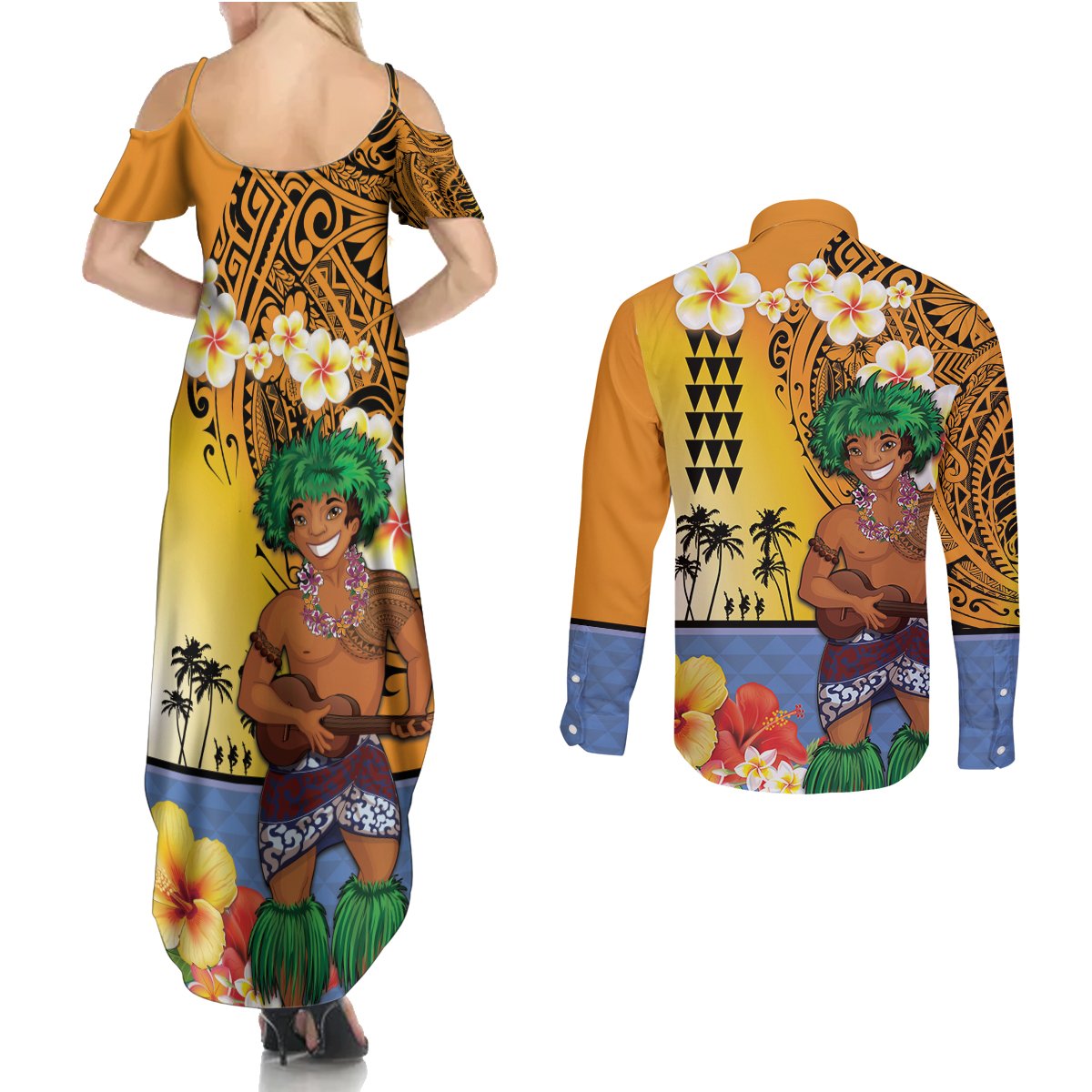 Happy Lei Day Couples Matching Summer Maxi Dress and Long Sleeve Button Shirt Hula Male Dancer Polynesian Flower Kakau Pattern LT03 - Polynesian Pride