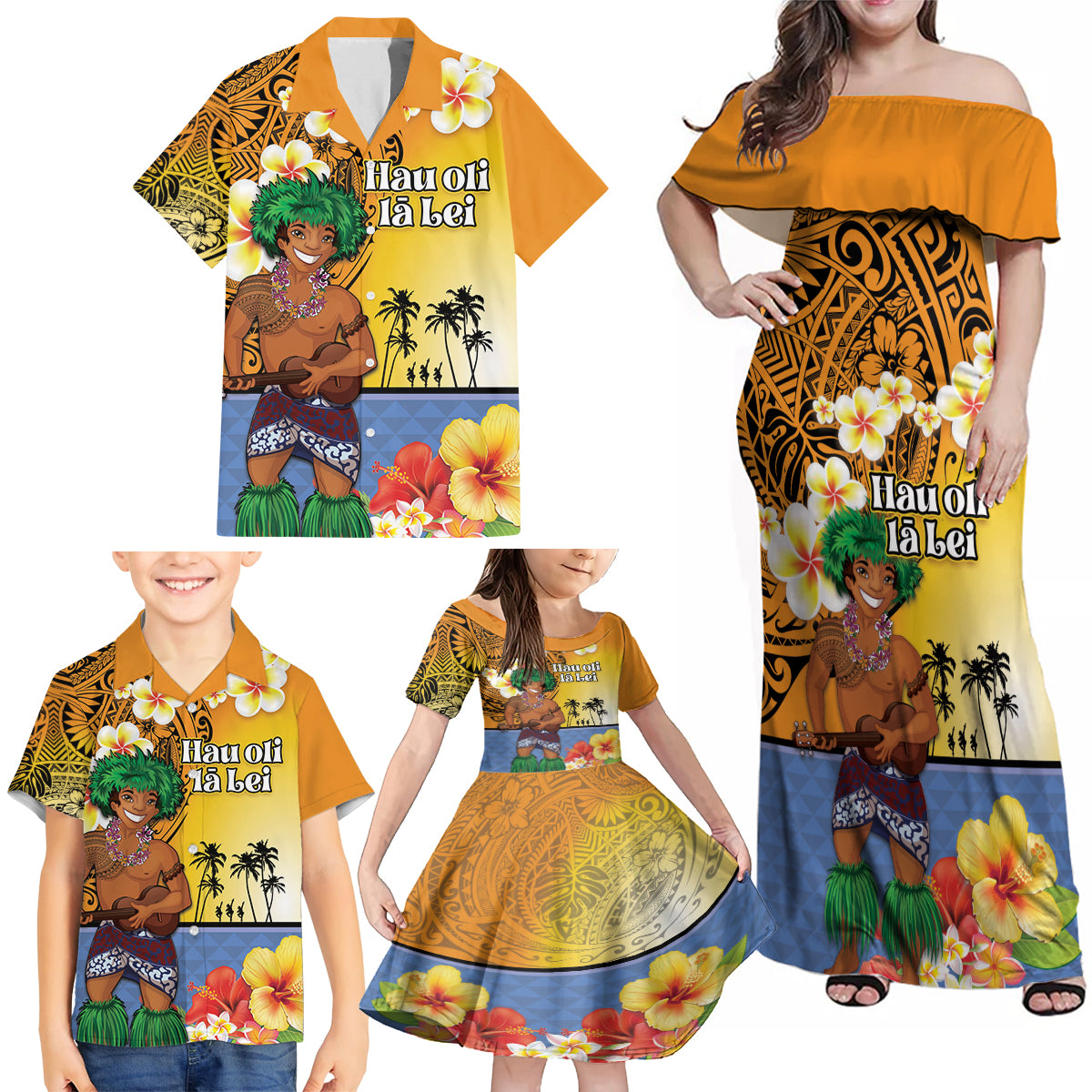 Happy Lei Day Family Matching Off Shoulder Maxi Dress and Hawaiian Shirt Hula Male Dancer Polynesian Flower Kakau Pattern