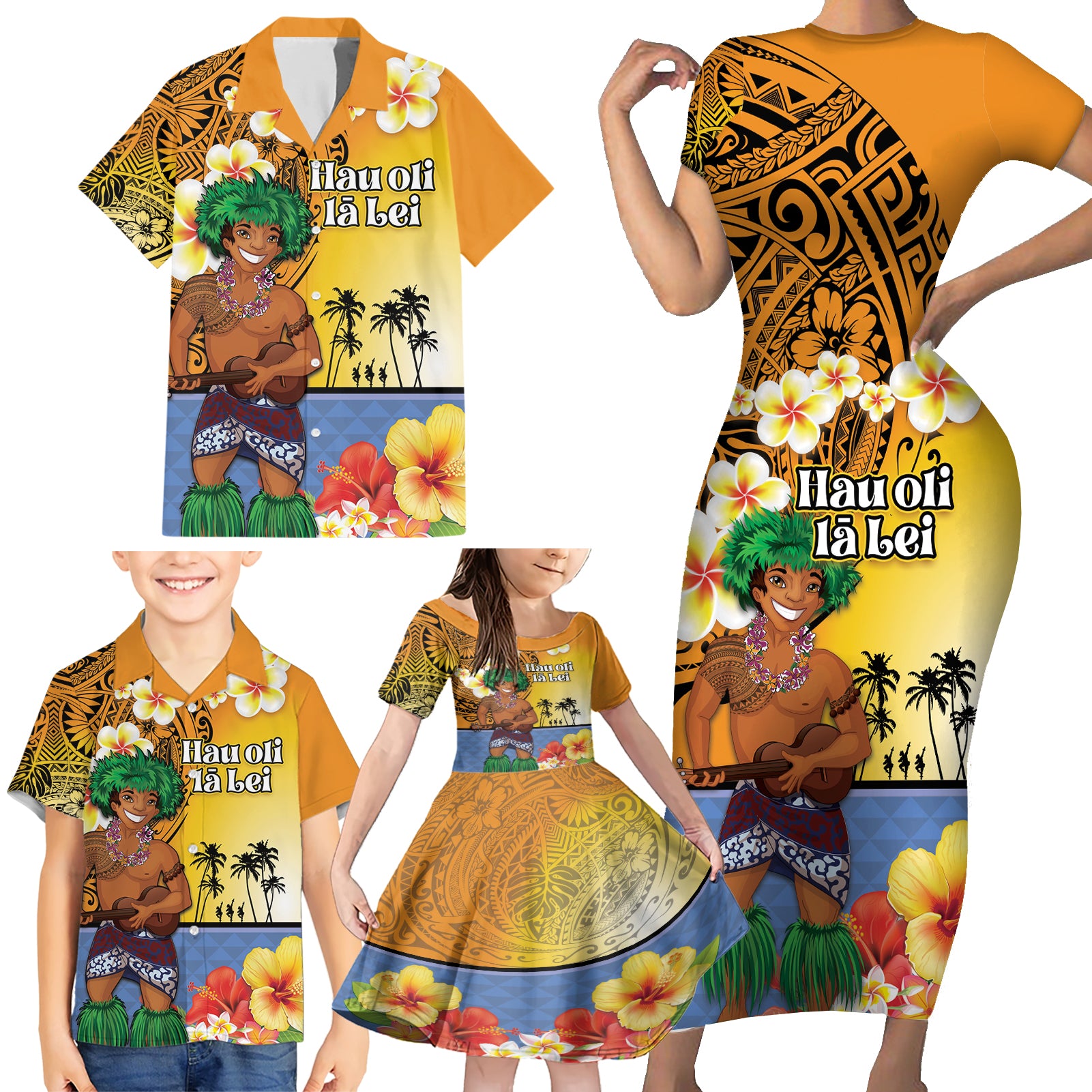 Happy Lei Day Family Matching Short Sleeve Bodycon Dress and Hawaiian Shirt Hula Male Dancer Polynesian Flower Kakau Pattern