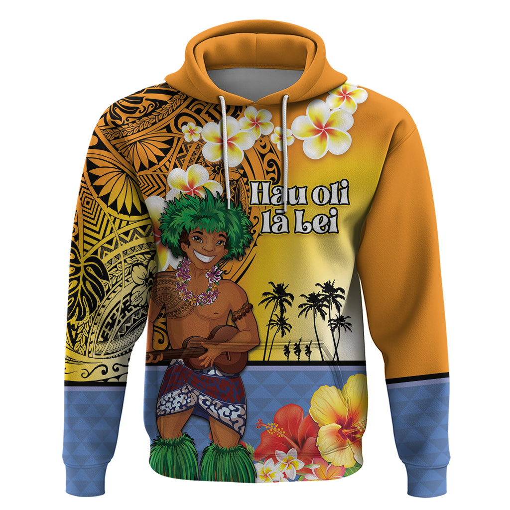 Happy Lei Day Hoodie Hula Male Dancer Polynesian Flower Kakau Pattern