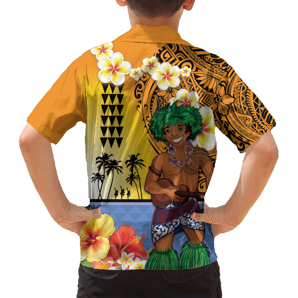 Happy Lei Day Kid Hawaiian Shirt Hula Male Dancer Polynesian Flower Kakau Pattern
