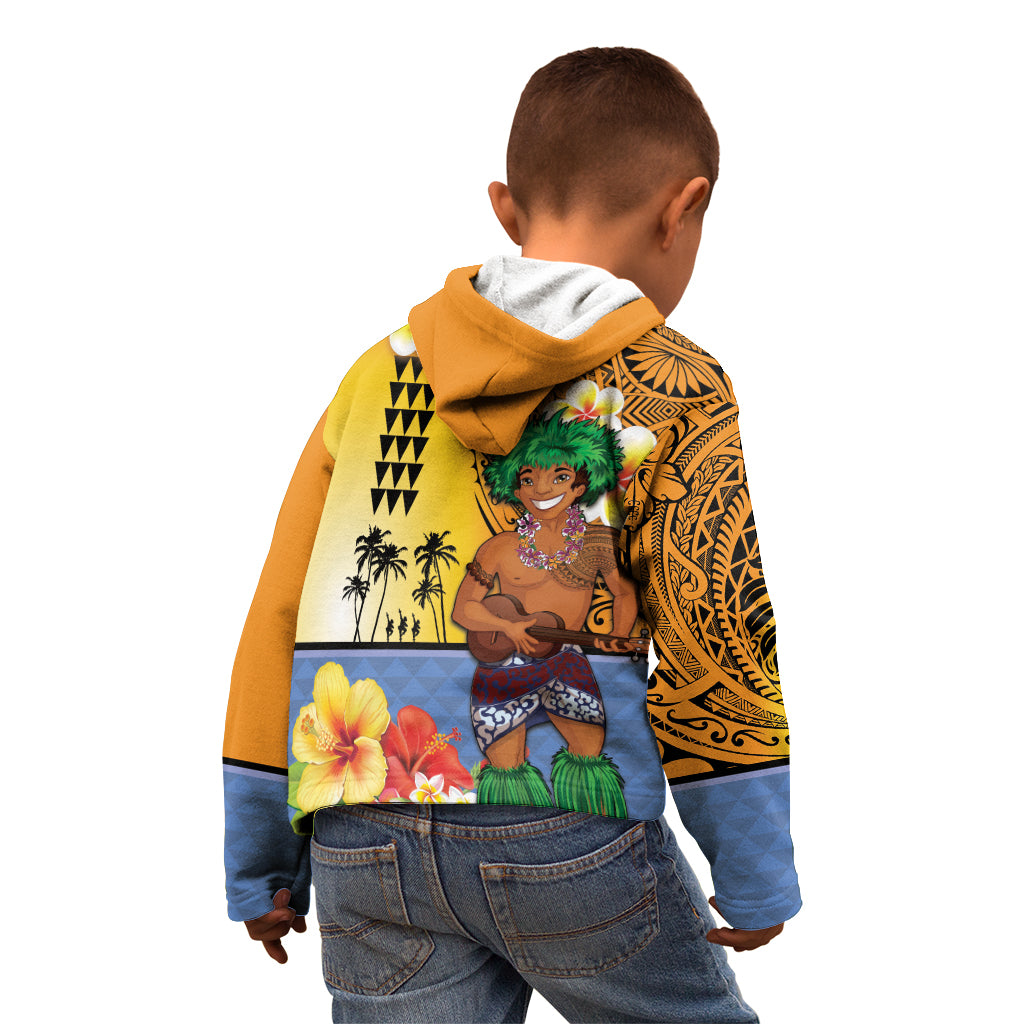 Happy Lei Day Kid Hoodie Hula Male Dancer Polynesian Flower Kakau Pattern