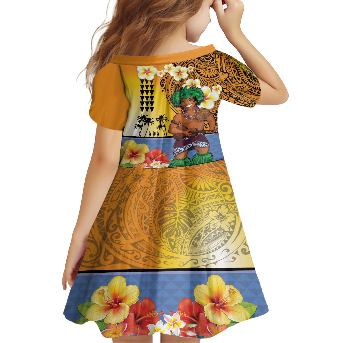 Happy Lei Day Kid Short Sleeve Dress Hula Male Dancer Polynesian Flower Kakau Pattern