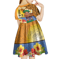 Happy Lei Day Kid Short Sleeve Dress Hula Male Dancer Polynesian Flower Kakau Pattern