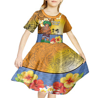 Happy Lei Day Kid Short Sleeve Dress Hula Male Dancer Polynesian Flower Kakau Pattern