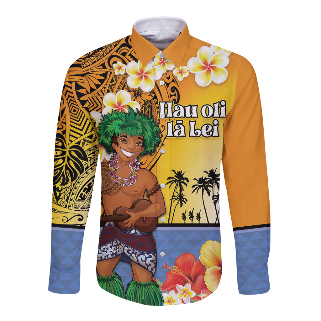 Happy Lei Day Long Sleeve Button Shirt Hula Male Dancer Polynesian Flower Kakau Pattern