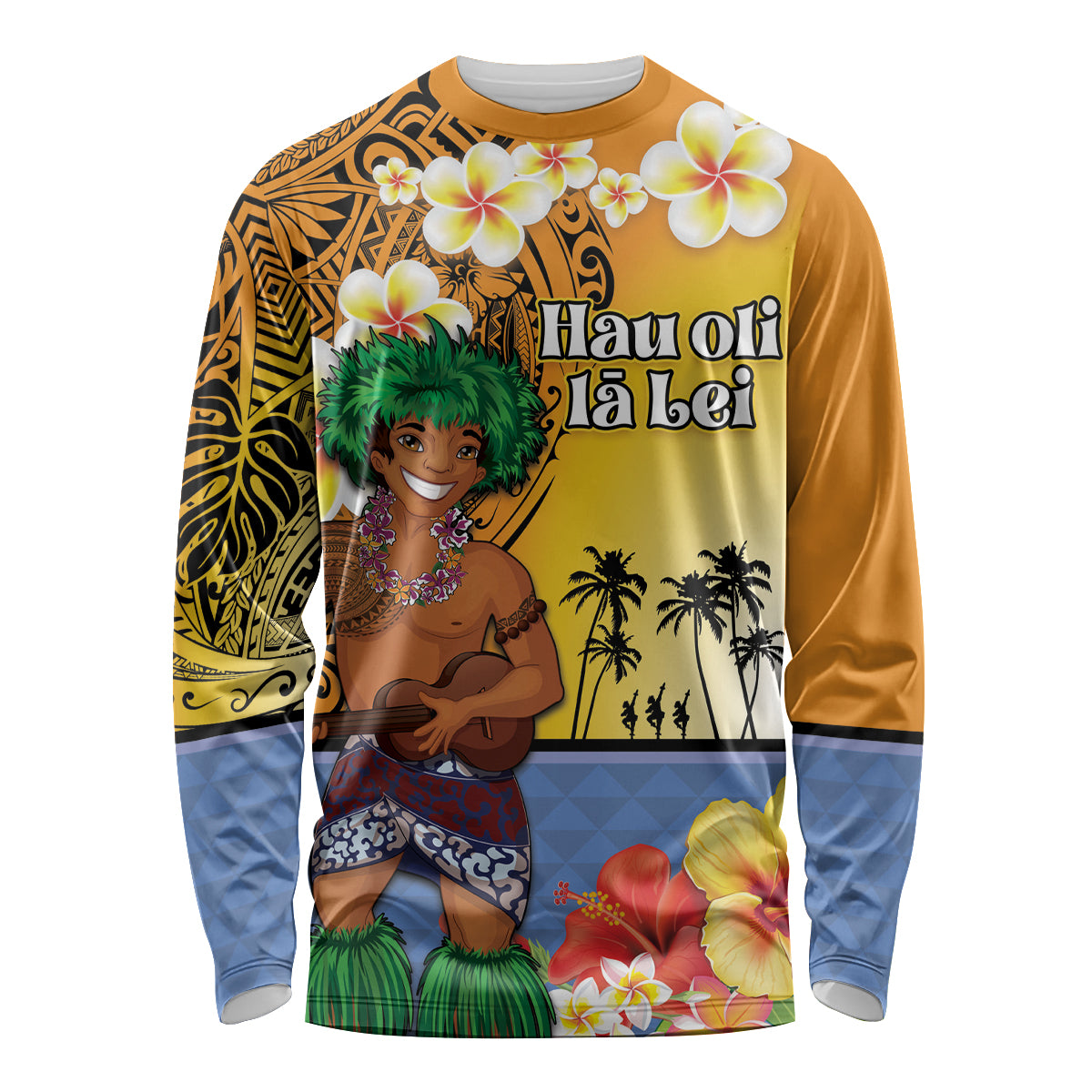 Happy Lei Day Long Sleeve Shirt Hula Male Dancer Polynesian Flower Kakau Pattern