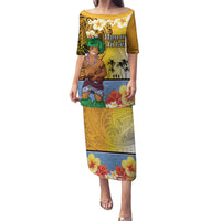 Happy Lei Day Puletasi Hula Male Dancer Polynesian Flower Kakau Pattern LT03 Long Dress Yellow - Polynesian Pride