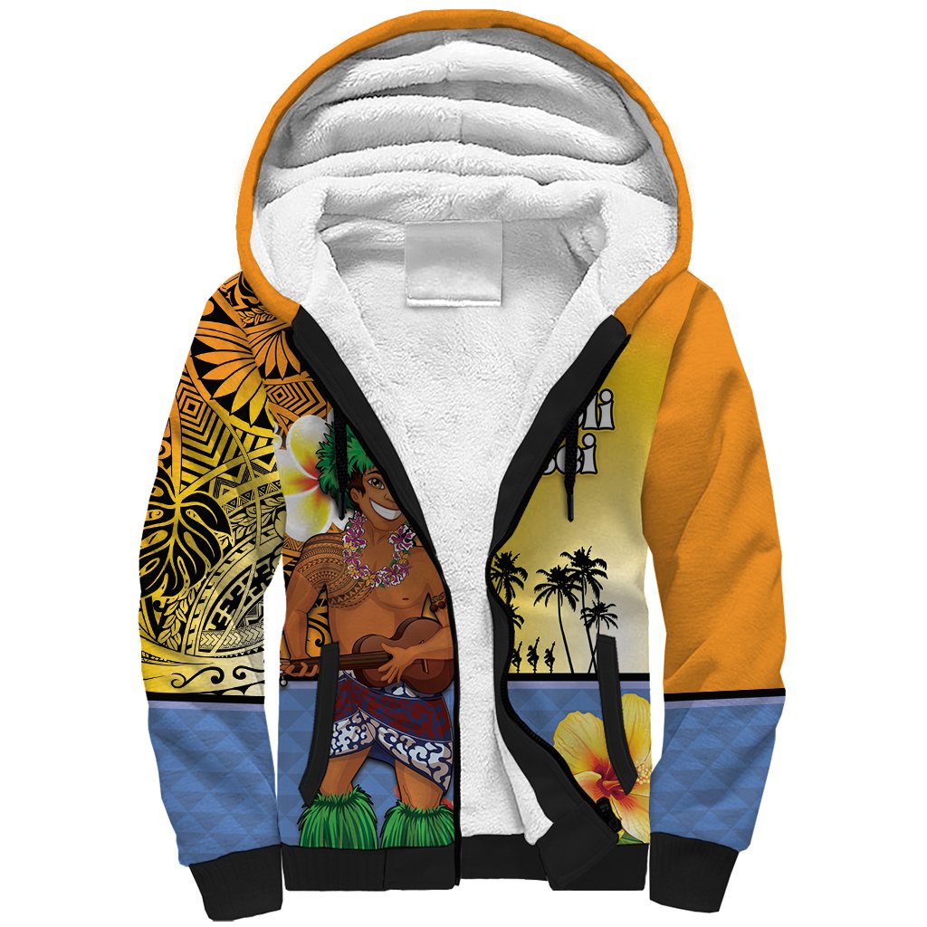 Happy Lei Day Sherpa Hoodie Hula Male Dancer Polynesian Flower Kakau Pattern LT03 Unisex Yellow - Polynesian Pride